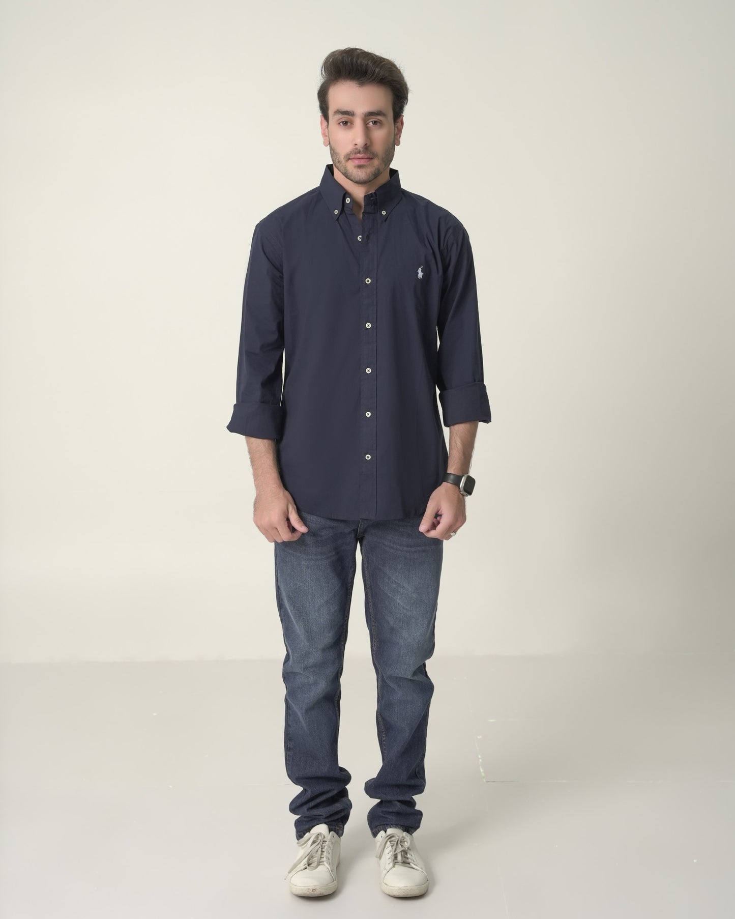 Navy Stretch Poplin Shirt Slim Fit