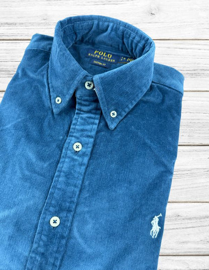 Custom Fit Teal Blue Corduroy  Shirt Ralph Lauren ( White Horse )