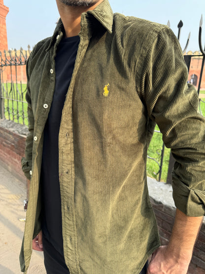 Custom Fit  Olive Green Corduroy  Shirt Ralph Lauren ( Yellow Horse )