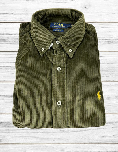 Custom Fit  Olive Green Corduroy  Shirt Ralph Lauren ( Yellow Horse )