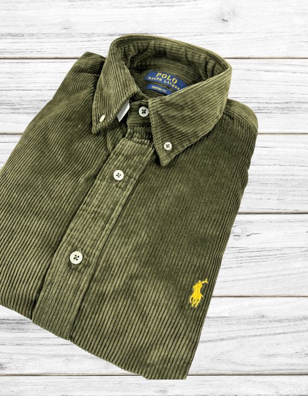 Custom Fit  Olive Green Corduroy  Shirt Ralph Lauren ( Yellow Horse )